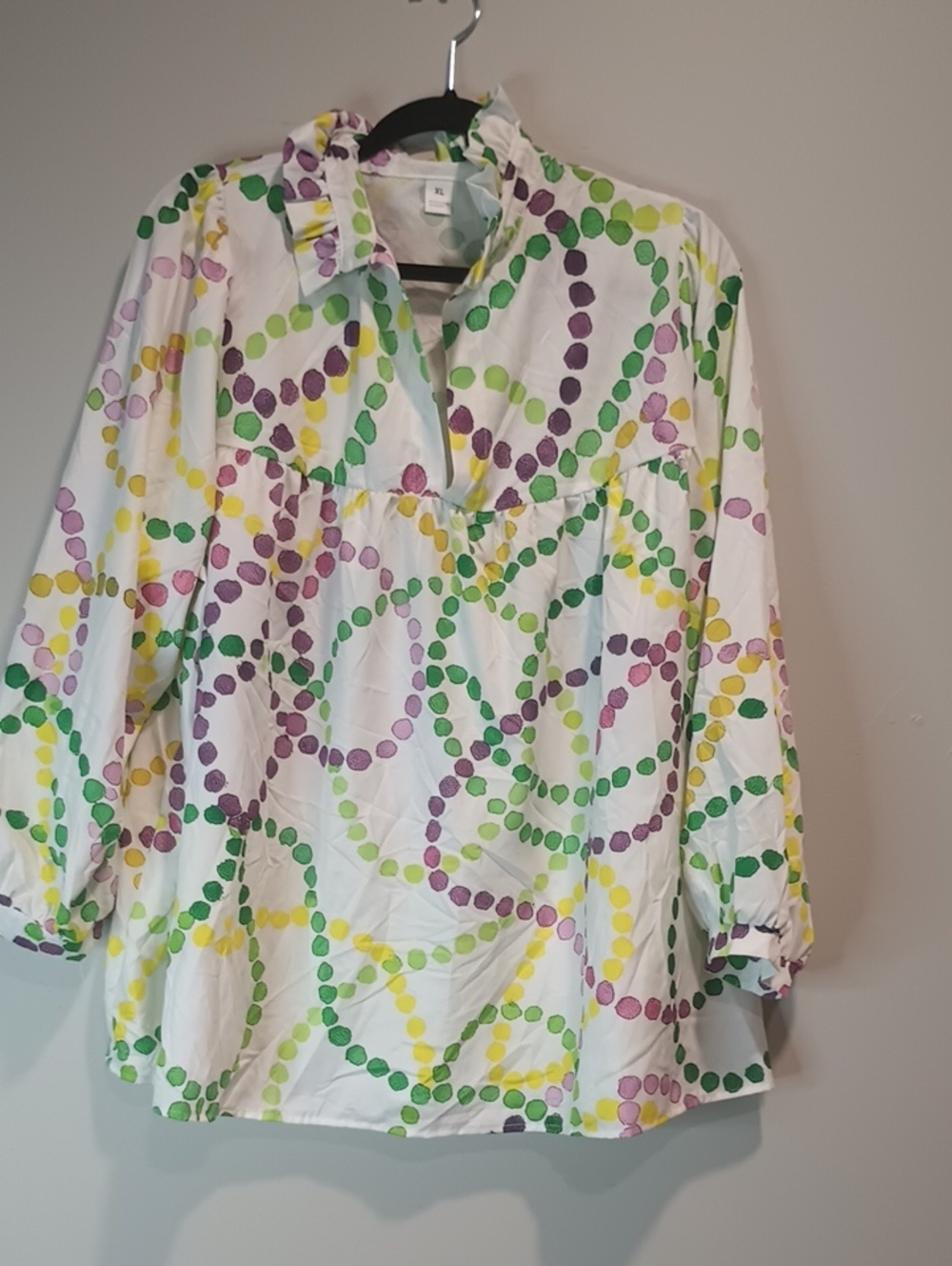 White Blouse with Green, Yellow & Purple Dot Chain Print